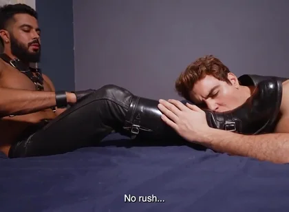 Leather master boots and feet licking cum load