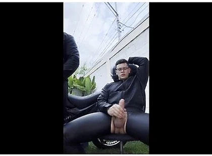 Role Play On The Bike Wearing Hot Leather, In A Hot Outddoors, And Cumming A Huge Load