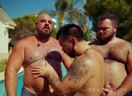 Poolside Cream Rubdown: Four Hands Slick up a Needy Sub, Sandwiched