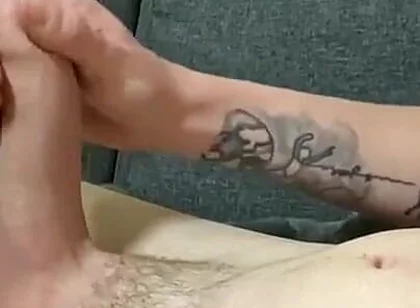 Naked Twink Lays on Sofa Stroking Huge Uncut Cock Until Cumming on Ripped Abs - Amateur Solo
