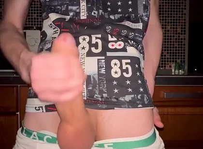 Twink pulls off his Panties and Jerks Off his Huge 23 cm Cock